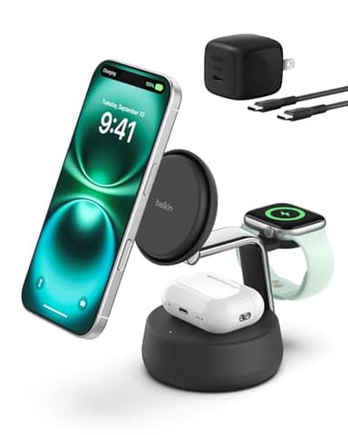 Belkin MagSafe Charger Compatible, 3-in-1 Charging Station, Qi2.2 25W w/Cooling Fan (On/Off Control) Magnetic Wireless Charger for iPhone 17, Apple Watch, AirPods, Pixel 10 (45W Adapter Included) - Image 1