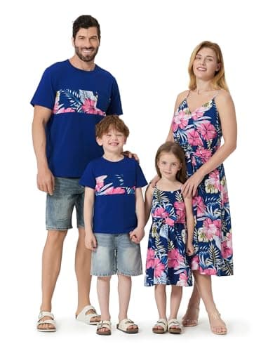 PATPAT Matching Family Vacation Outfits Mom and Daughter Outfits Tropical Floral Palm Leaf Print Spaghetti Strap Boho Belted Dresses Hawaiian Beach Navy Blue Floral Romper Dress Baby Girl 6-9 Months - Image 1