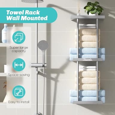 Towel Racks for Bathroom - Bathroom Towel Storage Rack Wall Mounted, Grey Wall Towel Holder for Rolled Towels - Image 2