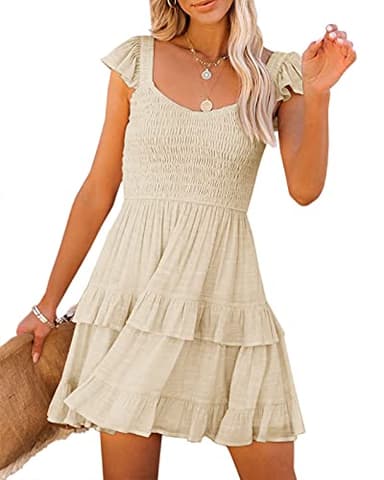Women Casual Summer Dresses Boho Smocked Ruffle Sun Beach Babydoll Mini Dress Layered Flowy Swing Dress - Image 1