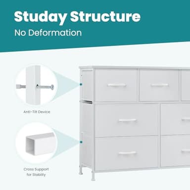 OLIXIS Dresser for Bedroom, 7 Storage Drawers, Wide Fabric Closet Chests Organizer Tower Furniture, TV Stand with Wooden Top Metal Frame for Clothes, Living Room, Hallway, Entryway, Classic White - Image 7