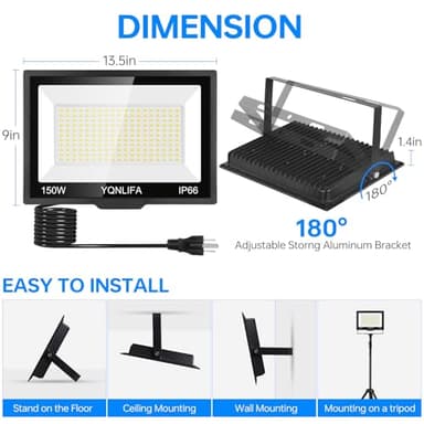 150W LED Flood Lights Outdoor with 10FT Power Cord, 18000LM 5000K White Floodlight, IP66 Waterproof Plug in Flood Light Outdoor Yard Lights for Garden, Garage, Yard, Lawn, Stadium(2 Pack) - Image 5