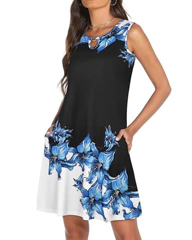 Summer Dresses for Women Casual Sleeveless Sundress Floral Loose Fit Beach Cover Up with Pocket（Blue Floral, 3XL - Image 3