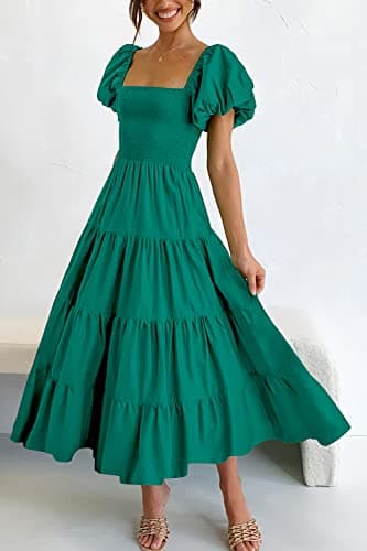 PRETTYGARDEN Women's Casual Summer Midi Dress Puffy Short Sleeve Square Neck Smocked Tiered Ruffle Dresses (Dark Green,Small) - Image 2