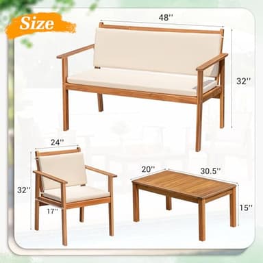 Greesum Outdoor Patio Furniture, 4 Piece Bistro Sofa Set with Coffee Table and Loveseat, Acacia Wood Conversation Sets with Cushions, for Garden, Backyard, Poolside, White - Image 5