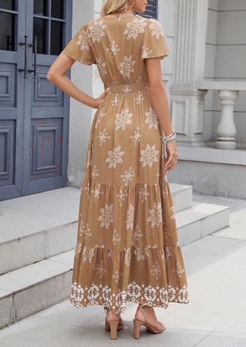 PRETTYGARDEN Womens 2025 Summer Casual V Neck Boho Maxi Dress Flowy Aline Bell Sleeve Tiered Floral Dresses with Pocket (Floral Khaki White,Medium) - Image 5