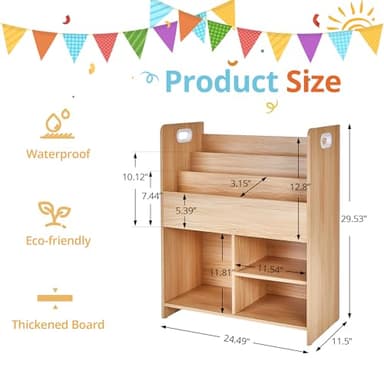 VECELO Wooden Children’s Bookshelf - Kids Book Organizer with 3-Tier Display and 2-Tier Storage Compartments, Easy-to-Access Toddler Bookcase for Playroom, Bedroom, or Nursery - Teak - Image 2