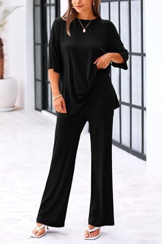 KIRUNDO Womens 2 Piece Outfits 2025 Summer Casual Loose Short Sleeve Pullover Tops & Wide Leg Pants Lounge Sets Tracksuit - Image 5