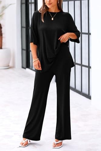 KIRUNDO 2 Piece Lounge Set Women 2025 Spring Summer Short Sleeve Loose Tops and Wide Leg Long Pants Sets Jogger Comfy Tracksuit Trendy Casual Clothing(Black, Medium) - Image 4