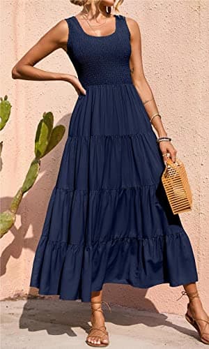 PRETTYGARDEN Women's Casual Loose Plain Maxi Sundress Smocked Tank Dress Sleeveless Summer Beach Tiered Long Dresses (Navy,Large) - Image 4