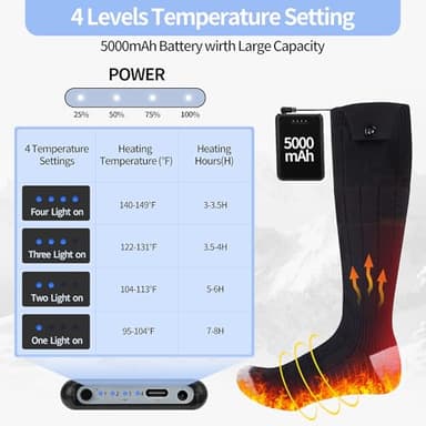 ZUOYI Heated Socks, Heated Socks for Men Women Rechargeable Washable, 5000mAh Battery with 4 Heating Levels for Hunting, Camping, Walking, Fishing (Black & Gray, Unisex-Adult) - Image 2