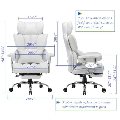Efomao Big and Tall Office Chair 400lbs – High Back PU Leather Executive Chair with Lumbar Support, Footrest, Swivel Base, Padded Armrests, and Rolling Wheels for Home Office, White Computer Chair - Image 2