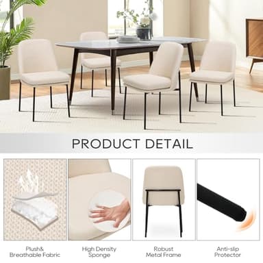 COLAMY Modern Dining Chairs Set of 2, Fabric Upholstered Dining Room Chairs Dinner Chair Stylish Kitchen Chairs with Curved Back and Metal Legs, Beige - Image 3