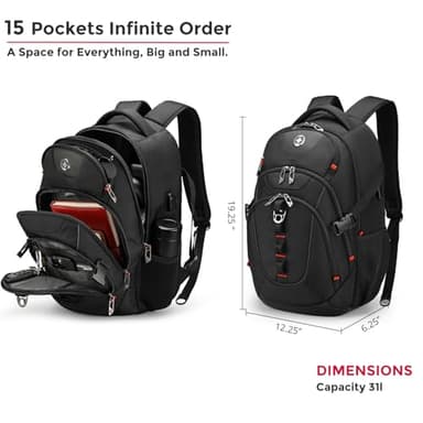 Swissdigital Design Laptop Backpack with USB Charging Port, Travel Backpack Fits 15.6 inches Computer, 31L College School Backpack for Men, Black | SD803 - Image 2