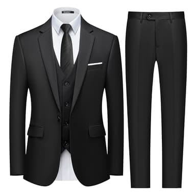 WULFUL Men's Slim Fit 3 Piece Suit, One Button Solid Blazer Business Party Jacket Vest Pants Set Black - Image 1