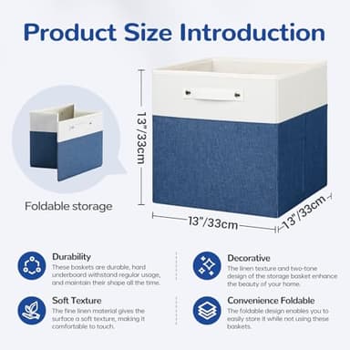 VQRTEXA 13 x 13 Inch Fabric Storage Cube Bins, 6 Pack Fine Linen Storage Boxes with Handles, Collapsible Basket Organizers for Shelves (White/Blue) - Image 3
