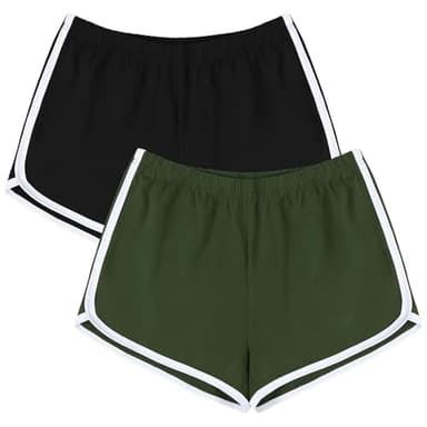 URATOT Women's Cotton Shorts Gym Shorts Yoga Shorts Summer Running Active Shorts Dance, Pack of 2 Black, Army Green - Image 1