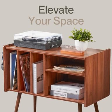 LOFT + IVY Record Player Stand with Vinyl Storage – Turntable Table with Shelves and Backboard – Walnut Wood Frame Vinyl Record Storage with Headphone Hook – Compact Audio Stand with Stabilizers - Image 4