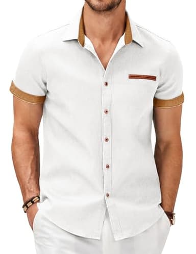 COOFANDY Mens Cotton Denim Work Shirts Short Sleeve Regular Fit Casual Button Down Shirts - Image 1