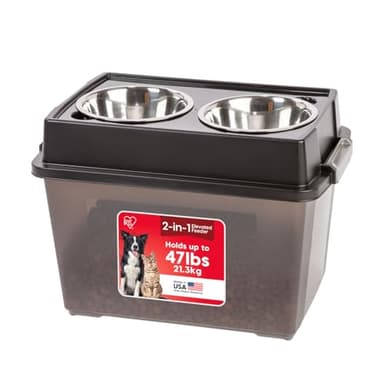 IRIS USA Elevated Dog Bowls, 15"H Raised Bowl for Large Dogs, Airtight Pet Food Storage Holds Up To 47 Lbs, 2 Removable 64 oz Stainless Steel Bowls, At Home or Camping, Smoke/Black - Image 1