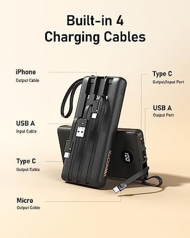 VEEKTOMX Portable Charger Built-in Cables,10000mAh Power Bank for iPhone,Fast Charge USB C Battery Pack Travel Essentials Powerbank Compatible with iPhone 17/16/15/14, Samsung S25/24, Android, etc - Image 2