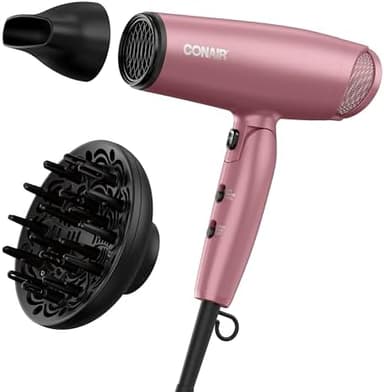 Conair Hair Dryer with Diffuser and Folding Handle, 1875W Travel Blow Dryer with Concentrator, Radiance Boost with Nano-Quartz Ceramic for Less Frizz, More Shine, and Silky Hair, Dusty Rose - Image 3