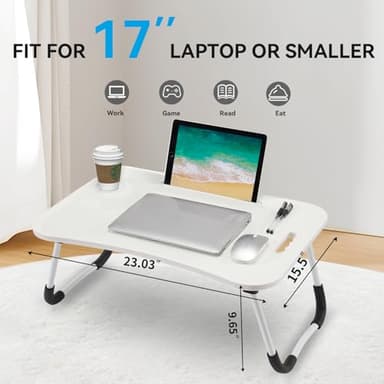 BUYIFY Folding Lap Desk, 23 Inch Portable Wood White Laptop Bed Desk Lap Desk with Cup Holder, for Working Reading Writing, Eating, Watching Movies for Bed Sofa Couch Floor - Image 2