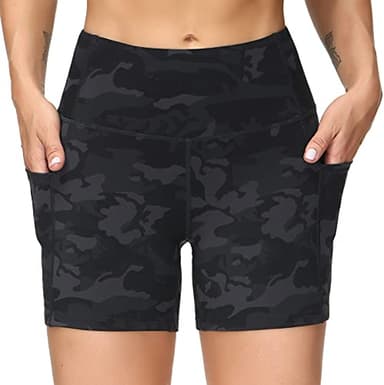 THE GYM PEOPLE High Waist Yoga Shorts for Women Tummy Control Fitness Athletic Workout Running Shorts with Deep Pockets (Large, Black Camo) - Image 2