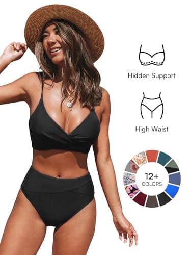 CUPSHE Women's Bikini Sets Two Piece Swimsuit High Waisted V Neck Twist Front Adjustable Spaghetti Straps Bathing Suit, S Black - Image 3