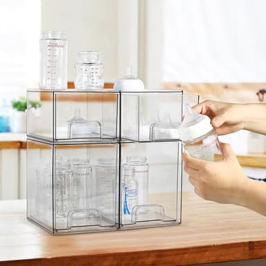 MINMUNJIU Baby Bottle Organizer, 4 Pack Clear Space-Saving Stackable Drawer with Handle, Baby Bottle Storage Organizer for Countertop and Cabinet - Image 6