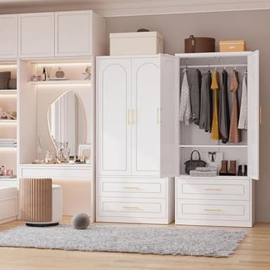 Polup Metal Armoire Wardrobe Closet witih Two Drawers, 71" Tall Large Wardrobe Cabinet with Hanging Rod, Clothing Storage Cabinet with Doors and Shelves for Bedroom, White, Assemble Required - Image 2