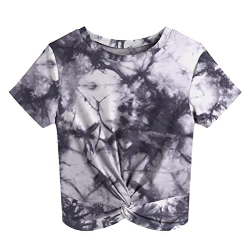 JINKESI Women's Summer Causal Short Sleeve Blouse Round Neck Crop Tops Twist Front Tee T-Shirt Tie Dye Black-XX-Large