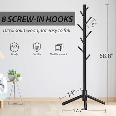 Unisakey Durable Wooden Coat Rack, Freestanding Coat Rack with Stable Triangular Base, 8 Hooks & 3 Adjustable Heights, Simple Assembly for Bedroom, Hallway, Office(New Black) - Image 4