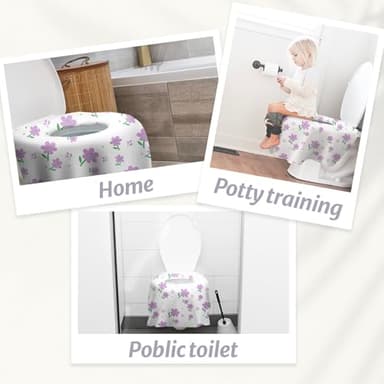 Blissful Diary 18 Pcs Toilet Seat Covers Disposable for Toddlers & Adults, Extra Large Waterproof, Portable Package for Travel, Kids Potty Training(Purple Flowers) - Image 7