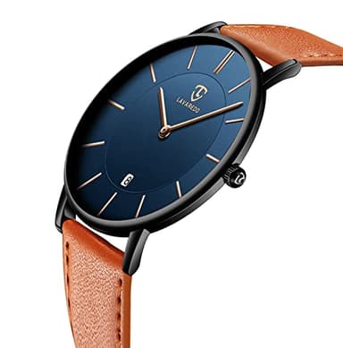 BEN NEVIS Watch, Mens Watch, Minimalist Fashion Simple Wrist Watch Analog Date with Leather Strap Orange Blue - Image 2