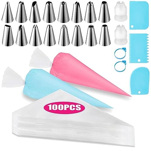 Piping Bags and Tips Set, Cakes Decorating Supplies Kit with 100pcs 12 Inch Pastry Bags, 16 Piping Tips, 3 Cake Scraper, 2 Couplers, 2 Bag Ties, Simple and Convenient Baking Supplies Set - Image 1