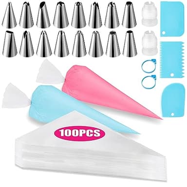 Piping Bags and Tips Set, Cakes Decorating Supplies Kit with 100pcs 12 Inch Pastry Bags, 16 Piping Tips, 3 Cake Scraper, 2 Couplers, 2 Bag Ties, Simple and Convenient Baking Supplies Set - Image 1