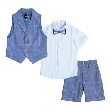 LOLANTA Big Boys 4PCs Waistcoat Slim fit Suit, Birthday Party Outfits, Vest, Shirt, Shorts, Bow Tie Formal Occasions(11-12 Years, Blue) - Image 1