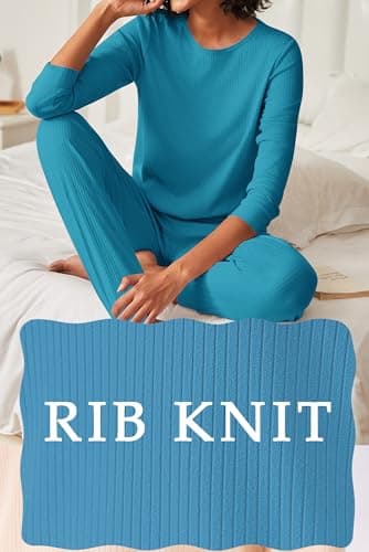 Ekouaer Womens Ribbed Knit Pajama Sets 2 Piece Jogger Pjs Long Sleeve Sleepwear Round Neck Soft Lounge Sets with Pockets Lake Blue Medium - Image 2