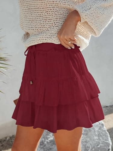 Aoudery Flowy Shorts for Women Boho Ruffled Tiered Skorts Casual High Waist Mini Skirts Tennis Golf Comfy Shorts 2025 - Wine Red L - Image 2