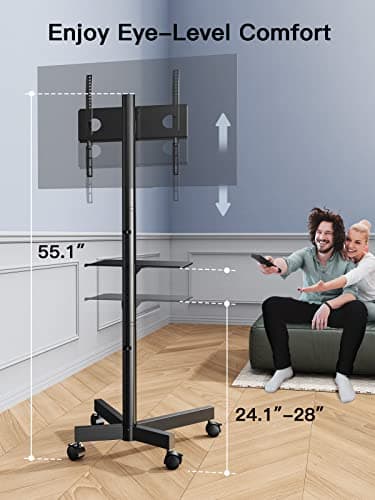 PERLESMITH Rolling TV Stand on Wheels for 23-60 Inch Flat Curved Screen TVs, Mobile TV Cart Height - Adjustable with Shelf/Tray, Portable TV Stand Holds up to 55 lbs, Max VESA 400x400mm, PSTVMC04 - Image 2