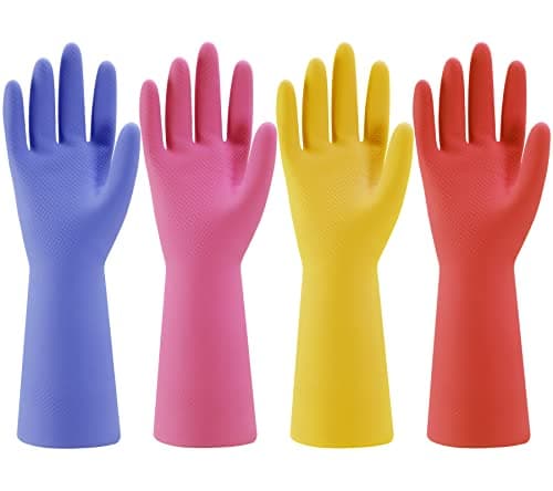 Bamllum Rubber Kitchen Dishwashing Gloves - 4 Pairs Colorful Reusable Household Cleaning Gloves for Washing Dishes and Cleaning Tasks, Flexible Long-lasting and Non-Slip (Large, Blue+Pink+Yellow+Red) - Image 1