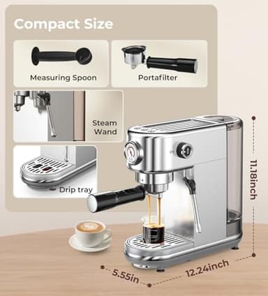 Espresso Machine with Milk Frother, 20 Bar High Pressure Professional Espresso Maker Automatic, Compact Stainless Steel Coffee Machine for Cappuccino, Latte, Gift for Coffee Lover, Dad or Mom, Silver - Image 9