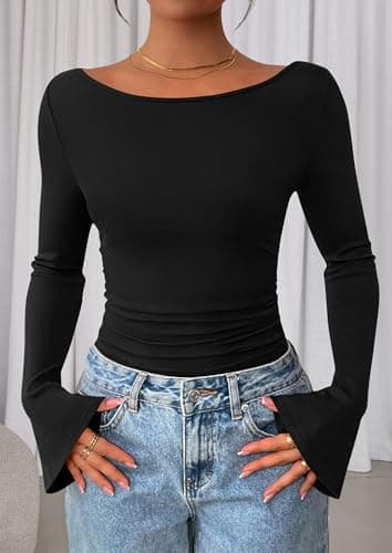 PRETTYGARDEN Women's Long Sleeve Shirts 2025 Fall Crop Going Out Tops Casual Boat Neck Bell Sleeve Ribbed Ruched Y2K Clothes (Black,Small) - Image 7