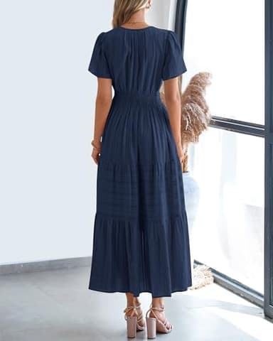 BTFBM Womens Summer 2025 Casual Midi Maxi Dresses Lightweight Short Sleeve V Neck Elastic Waist Boho Beach Dress Pockets(Navy, Large) - Image 3