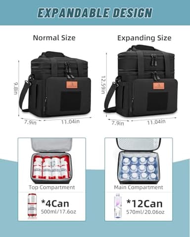 HSHRISH Lunch Box for men, Large Expandable Insulated Lunch Bag, Durable Waterproof Leakproof Tactical Cooler Bag for Adults Men to Work Picnic Beach Day Trips, 24 Cans/16 L, Black - Image 3