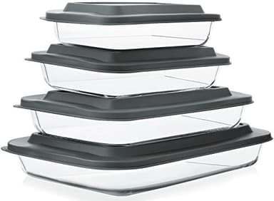 8-Piece Deep Glass Baking Dish Set with Plastic lids,Rectangular Glass Bakeware Set with Lids, Baking Pans for Lasagna, Leftovers, Cooking, Kitchen, Freezer-to-Oven and Dishwasher, Gray - Image 1