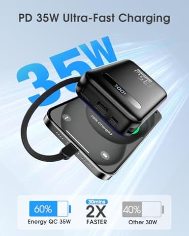 EnergyQC Power Bank, 20,000mAh 35W PD 3.0+QC 4.0 Fast Charging Portable Charger with Built-in Lightning & USB-C in&Out Cables, Battery Pack for iPhone 16/15/14 Series, Galaxy, iPad, AirPods, Black - Image 2
