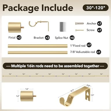 IFELS Heavy Duty Curtain Rods for Windows 66 to 120 Inch, 1 Inch Gold Curtain Rod, Adjustable Decorative Long Curtains Rods with Easy Installation and Modern Design (A2,Gold,30"-120") - Image 4