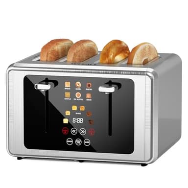 whall 4 Slice Touch Screen Toaster, Stainless Steel Toasters Digital Timer, Dual Control Panel Toasters，6 Shade Settings＆6 Bread Types, Smart Wide Slots, Bagel, Cancel, Defrost,Flat lever Stainless - Image 1